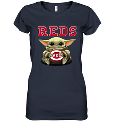 Baby Yoda Hugs Loves The Cincinnati Reds Baseball Womens V-Neck T-Shirt Womens V-Neck T-Shirt - VeigarTee