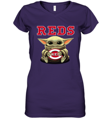 Baby Yoda Hugs Loves The Cincinnati Reds Baseball Womens V-Neck T-Shirt Womens V-Neck T-Shirt - VeigarTee