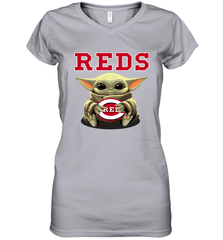 Baby Yoda Hugs Loves The Cincinnati Reds Baseball Womens V-Neck T-Shirt Womens V-Neck T-Shirt - VeigarTee