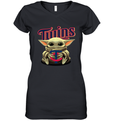 Baby Yoda Hugs Loves The Minnesota Twins Baseball Womens V-Neck T-Shirt Womens V-Neck T-Shirt - VeigarTee