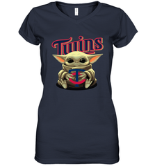 Baby Yoda Hugs Loves The Minnesota Twins Baseball Womens V-Neck T-Shirt Womens V-Neck T-Shirt - VeigarTee