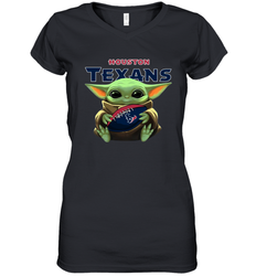 Baby Yoda Loves The Houston Texans Star Wars Baby Yoda Hugs Texans NFL Womens V-Neck T-Shirt