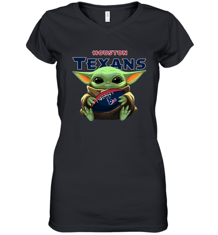 Baby Yoda Loves The Houston Texans Star Wars Baby Yoda Hugs Texans NFL Womens V-Neck T-Shirt Womens V-Neck T-Shirt / Black / S Womens V-Neck T-Shirt - VeigarTee
