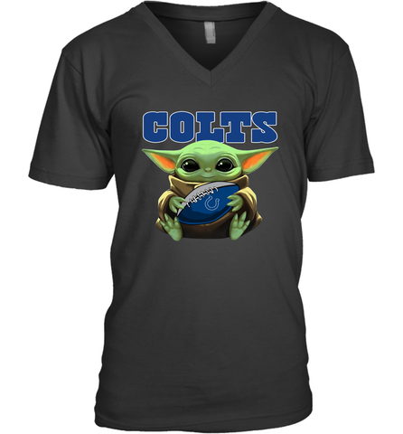 Baby Yoda Loves The Indianapolis Colts Star Wars Baby Yoda Hugs Colts NFL Mens V-Neck T-Shirt Mens V-Neck T-Shirt / Black / S Mens V-Neck T-Shirt - VeigarTee