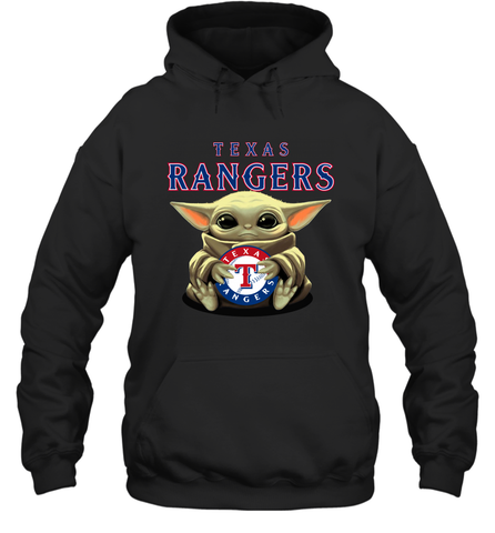 Baby Yoda Hugs Loves The Texas Rangers Baseball Adult Hoodie Sweatshirt Adult Hoodie Sweatshirt / Black / S Adult Hoodie Sweatshirt - VeigarTee