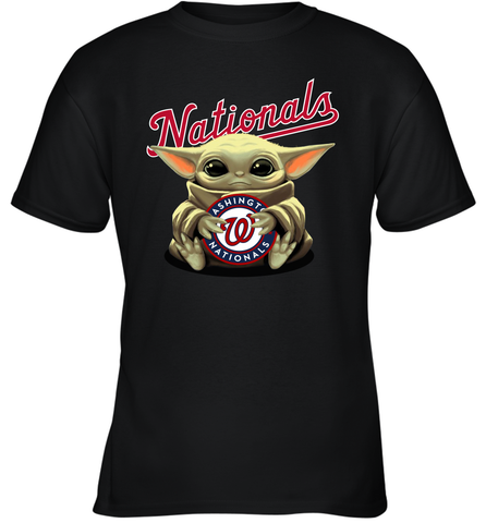 Baby Yoda Hugs Loves The Washington Nationals Baseball Youth T-Shirt Youth T-Shirt / Black / XS Youth T-Shirt - VeigarTee