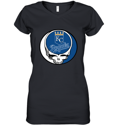 Kansas City Royals Grateful Dead Steal Your Face Baseball Womens V-Neck T-Shirt Womens V-Neck T-Shirt / Black / S Womens V-Neck T-Shirt - VeigarTee