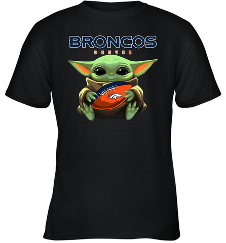 Baby Yoda Loves The Denver Broncos Star Wars Baby Yoda Hugs Broncos NFL Youth T-Shirt Youth T-Shirt / Black / XS Youth T-Shirt - VeigarTee