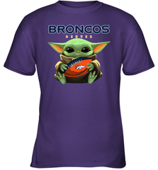 Baby Yoda Loves The Denver Broncos Star Wars Baby Yoda Hugs Broncos NFL Youth T-Shirt Youth T-Shirt - VeigarTee