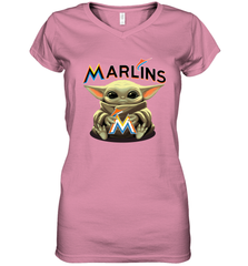 Baby Yoda Hugs Loves The Miami Marlins Baseball Womens V-Neck T-Shirt Womens V-Neck T-Shirt - VeigarTee