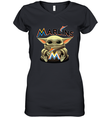Baby Yoda Hugs Loves The Miami Marlins Baseball Womens V-Neck T-Shirt Womens V-Neck T-Shirt / Black / S Womens V-Neck T-Shirt - VeigarTee
