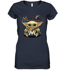 Baby Yoda Hugs Loves The Miami Marlins Baseball Womens V-Neck T-Shirt Womens V-Neck T-Shirt - VeigarTee