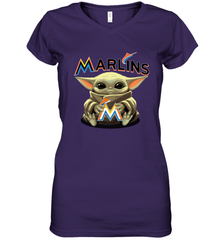 Baby Yoda Hugs Loves The Miami Marlins Baseball Womens V-Neck T-Shirt Womens V-Neck T-Shirt - VeigarTee
