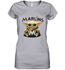 Baby Yoda Hugs Loves The Miami Marlins Baseball Womens V-Neck T-Shirt Womens V-Neck T-Shirt - VeigarTee