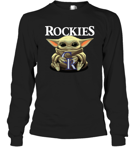 Baby Yoda Hugs Loves The Colorado Rockies Baseball Adult Long Sleeve T-Shirt Adult Long Sleeve T-Shirt / Black / S Adult Long Sleeve T-Shirt - VeigarTee