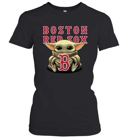 Baby Yoda Hugs Loves The Boston Red Sox Baseball Womens T-Shirt Womens T-Shirt / Black / XS Womens T-Shirt - VeigarTee