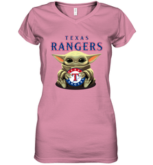 Baby Yoda Hugs Loves The Texas Rangers Baseball Womens V-Neck T-Shirt Womens V-Neck T-Shirt - VeigarTee