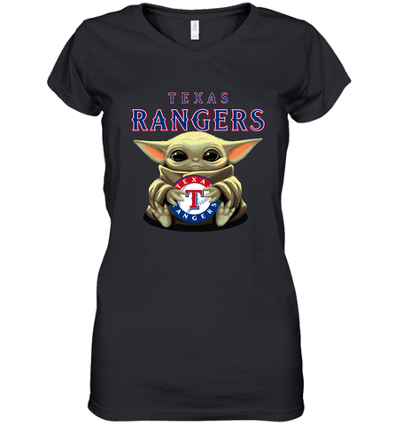 Baby Yoda Hugs Loves The Texas Rangers Baseball Womens V-Neck T-Shirt Womens V-Neck T-Shirt / Black / S Womens V-Neck T-Shirt - VeigarTee