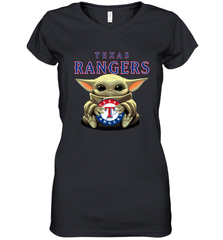 Baby Yoda Hugs Loves The Texas Rangers Baseball Womens V-Neck T-Shirt Womens V-Neck T-Shirt - VeigarTee