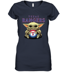 Baby Yoda Hugs Loves The Texas Rangers Baseball Womens V-Neck T-Shirt Womens V-Neck T-Shirt - VeigarTee