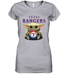 Baby Yoda Hugs Loves The Texas Rangers Baseball Womens V-Neck T-Shirt Womens V-Neck T-Shirt - VeigarTee