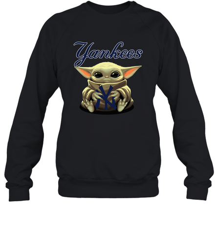 Baby Yoda Hugs Loves The New York Yankees Baseball Adult Sweatshirt Adult Sweatshirt / Black / S Adult Sweatshirt - VeigarTee