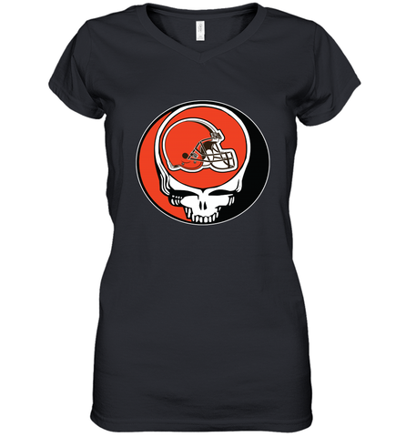 Cleveland Browns Grateful Dead Steal Your Face NFL Football Womens V-Neck T-Shirt Womens V-Neck T-Shirt / Black / S Womens V-Neck T-Shirt - VeigarTee