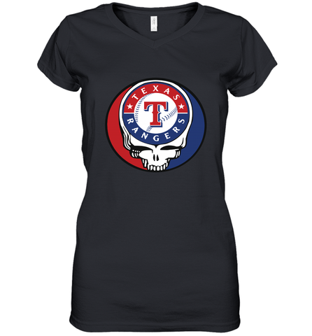 Texas Rangers Grateful Dead Steal Your Face Baseball Womens V-Neck T-Shirt Womens V-Neck T-Shirt / Black / S Womens V-Neck T-Shirt - VeigarTee