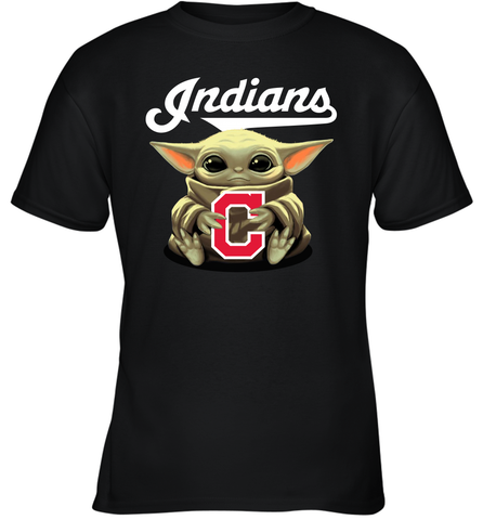 Baby Yoda Hugs Loves The Cleveland Indians Baseball Youth T-Shirt Youth T-Shirt / Black / XS Youth T-Shirt - VeigarTee