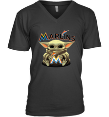 Baby Yoda Hugs Loves The Miami Marlins Baseball Mens V-Neck T-Shirt Mens V-Neck T-Shirt - VeigarTee