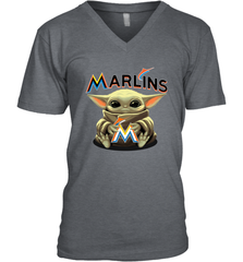 Baby Yoda Hugs Loves The Miami Marlins Baseball Mens V-Neck T-Shirt Mens V-Neck T-Shirt - VeigarTee
