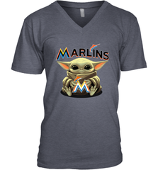 Baby Yoda Hugs Loves The Miami Marlins Baseball Mens V-Neck T-Shirt Mens V-Neck T-Shirt - VeigarTee