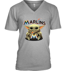 Baby Yoda Hugs Loves The Miami Marlins Baseball Mens V-Neck T-Shirt Mens V-Neck T-Shirt - VeigarTee