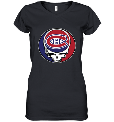 Montreal Canadiens Grateful Dead Steal Your Face Hockey NHL Womens V-Neck T-Shirt Womens V-Neck T-Shirt / Black / S Womens V-Neck T-Shirt - VeigarTee