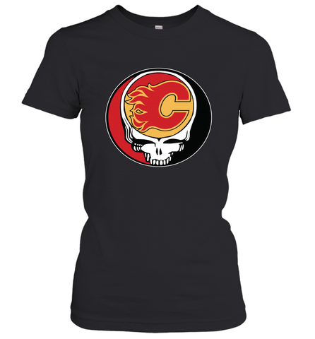 Calgary Flames Grateful Dead Steal Your Face Hockey NHL Womens T-Shirt Womens T-Shirt / Black / XS Womens T-Shirt - VeigarTee