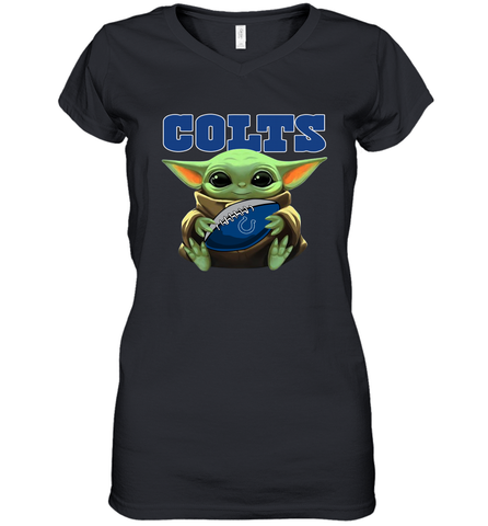 Baby Yoda Loves The Indianapolis Colts Star Wars Baby Yoda Hugs Colts NFL Womens V-Neck T-Shirt Womens V-Neck T-Shirt / Black / S Womens V-Neck T-Shirt - VeigarTee