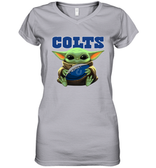Baby Yoda Loves The Indianapolis Colts Star Wars Baby Yoda Hugs Colts NFL Womens V-Neck T-Shirt Womens V-Neck T-Shirt - VeigarTee