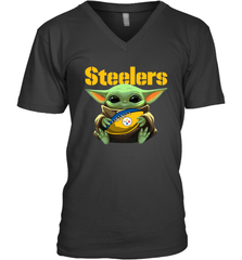 Baby Yoda Loves The Pittsburgh Steelers Star Wars Baby Yoda Hugs Steelers NFL Mens V-Neck T-Shirt Mens V-Neck T-Shirt - VeigarTee