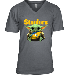 Baby Yoda Loves The Pittsburgh Steelers Star Wars Baby Yoda Hugs Steelers NFL Mens V-Neck T-Shirt Mens V-Neck T-Shirt - VeigarTee