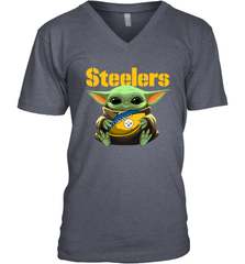 Baby Yoda Loves The Pittsburgh Steelers Star Wars Baby Yoda Hugs Steelers NFL Mens V-Neck T-Shirt Mens V-Neck T-Shirt - VeigarTee