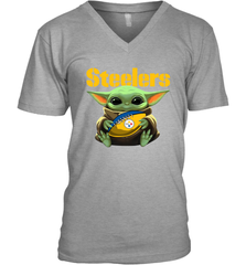 Baby Yoda Loves The Pittsburgh Steelers Star Wars Baby Yoda Hugs Steelers NFL Mens V-Neck T-Shirt Mens V-Neck T-Shirt - VeigarTee