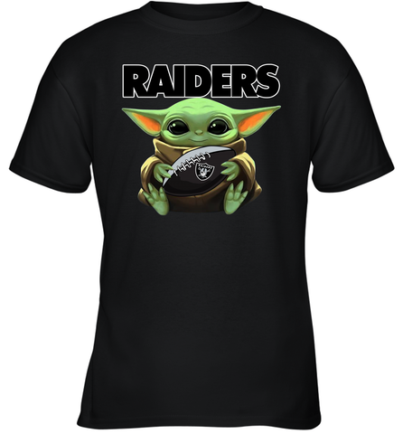 Baby Yoda Loves The Oakland Raiders Star Wars Baby Yoda Hugs Raiders NFL Youth T-Shirt Youth T-Shirt / Black / XS Youth T-Shirt - VeigarTee