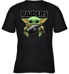 Baby Yoda Loves The Oakland Raiders Star Wars Baby Yoda Hugs Raiders NFL Youth T-Shirt Youth T-Shirt - VeigarTee