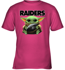 Baby Yoda Loves The Oakland Raiders Star Wars Baby Yoda Hugs Raiders NFL Youth T-Shirt Youth T-Shirt - VeigarTee
