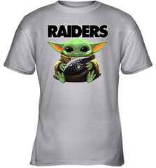 Baby Yoda Loves The Oakland Raiders Star Wars Baby Yoda Hugs Raiders NFL Youth T-Shirt Youth T-Shirt - VeigarTee