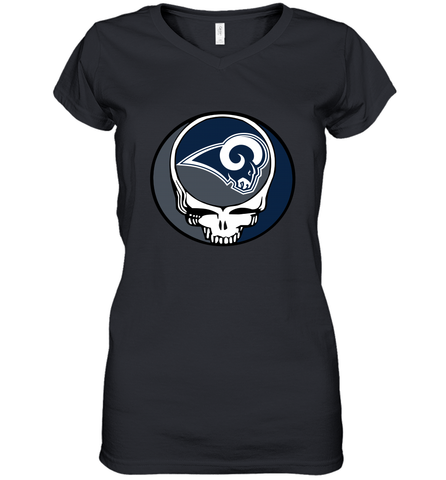 Los Angeles Rams Grateful Dead Steal Your Face NFL Football Womens V-Neck T-Shirt Womens V-Neck T-Shirt / Black / S Womens V-Neck T-Shirt - VeigarTee