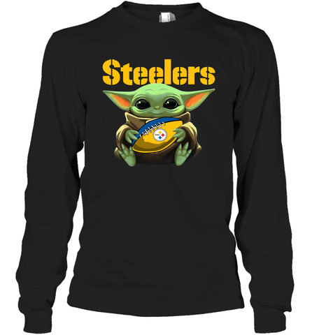 Baby Yoda Loves The Pittsburgh Steelers Star Wars Baby Yoda Hugs Steelers NFL Adult Long Sleeve T-Shirt Adult Long Sleeve T-Shirt / Black / S Adult Long Sleeve T-Shirt - VeigarTee