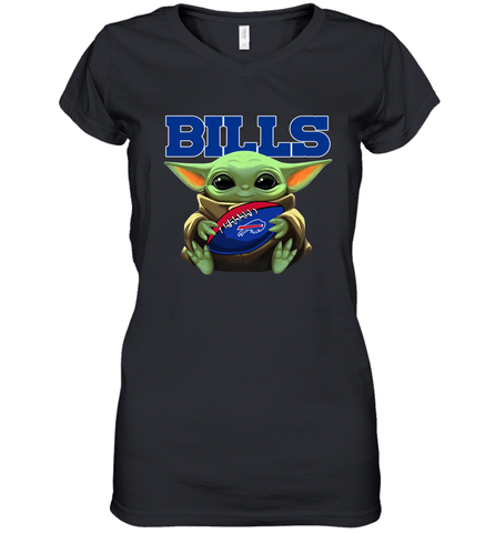 Baby Yoda Loves The Buffalo Bills Star Wars Baby Yoda Hugs Bills NFL Womens V-Neck T-Shirt Womens V-Neck T-Shirt / Black / S Womens V-Neck T-Shirt - VeigarTee