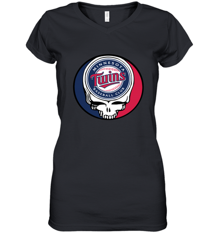 Minnesota Twins Grateful Dead Steal Your Face Baseball Womens V-Neck T-Shirt Womens V-Neck T-Shirt / Black / S Womens V-Neck T-Shirt - VeigarTee