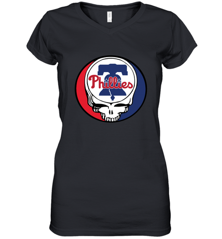 Philadelphia Phillies Grateful Dead Steal Your Face Baseball Womens V-Neck T-Shirt Womens V-Neck T-Shirt / Black / S Womens V-Neck T-Shirt - VeigarTee